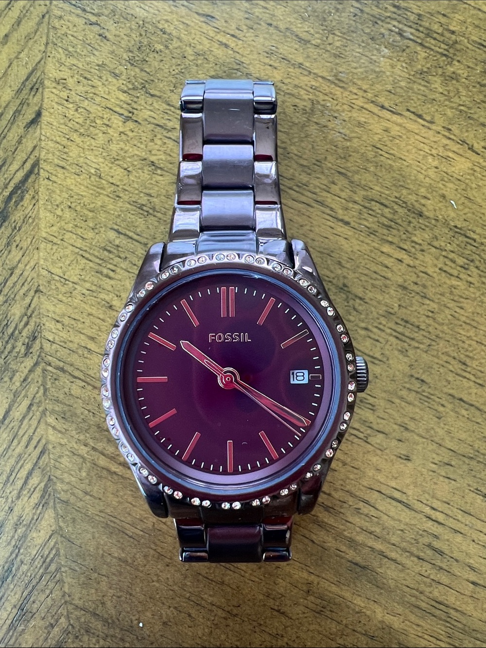 Fossil Burgundy Dial Watch with Crystal Bezel